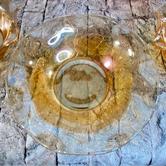 Vintage Carnival Glass Iridescent Ruffled Scalloped Bowl Floral Etched 8 Pcs - Picture 6 of 9